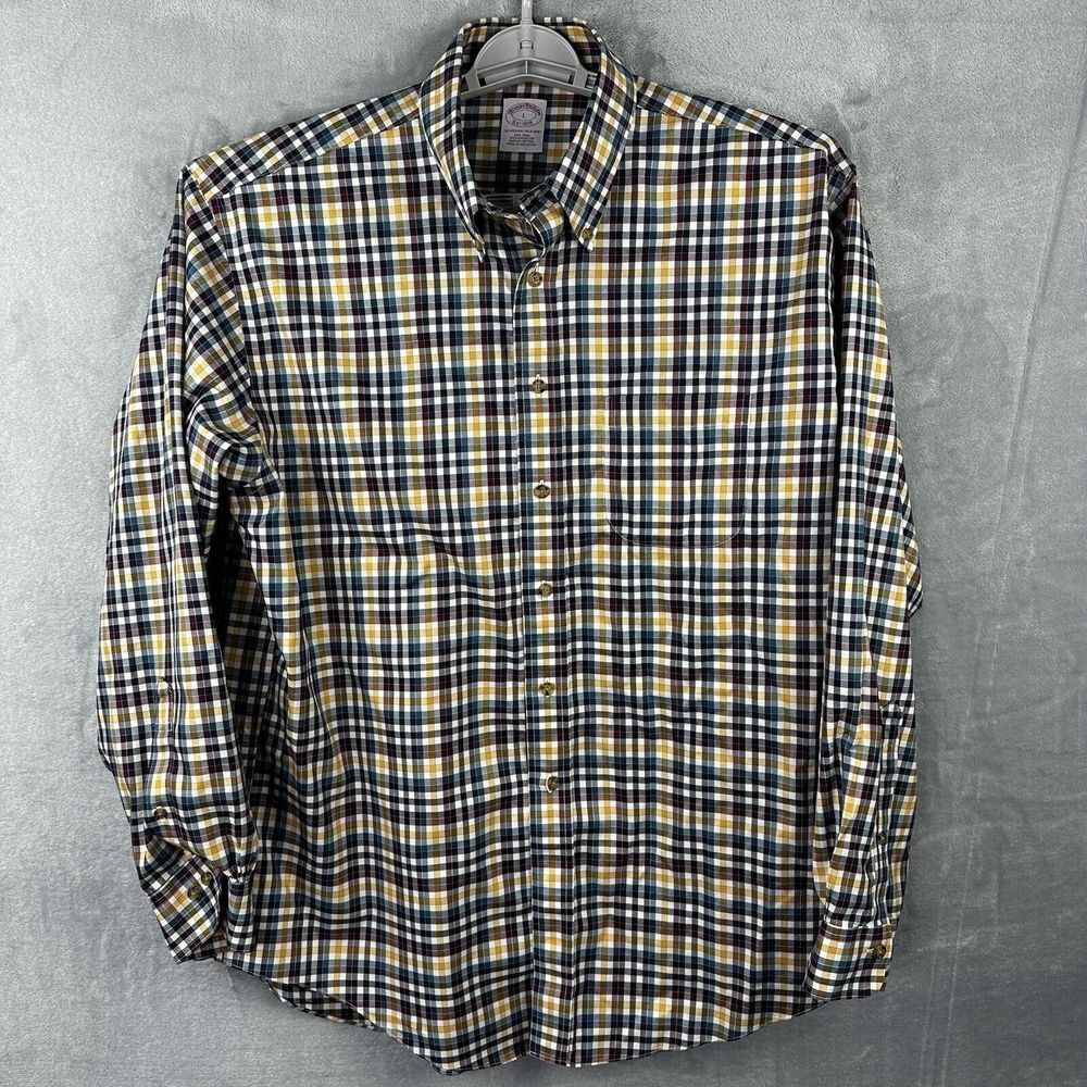 Brooks Brothers Oxford Shirt Mens Large Yellow Plaid Button Down Long Sleeve